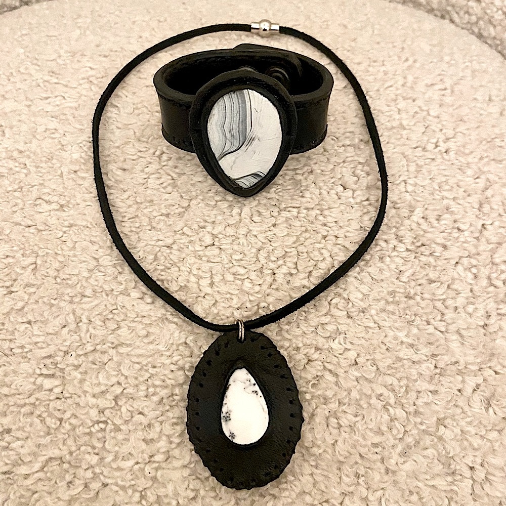 Custom made genuine leather and white Agate set